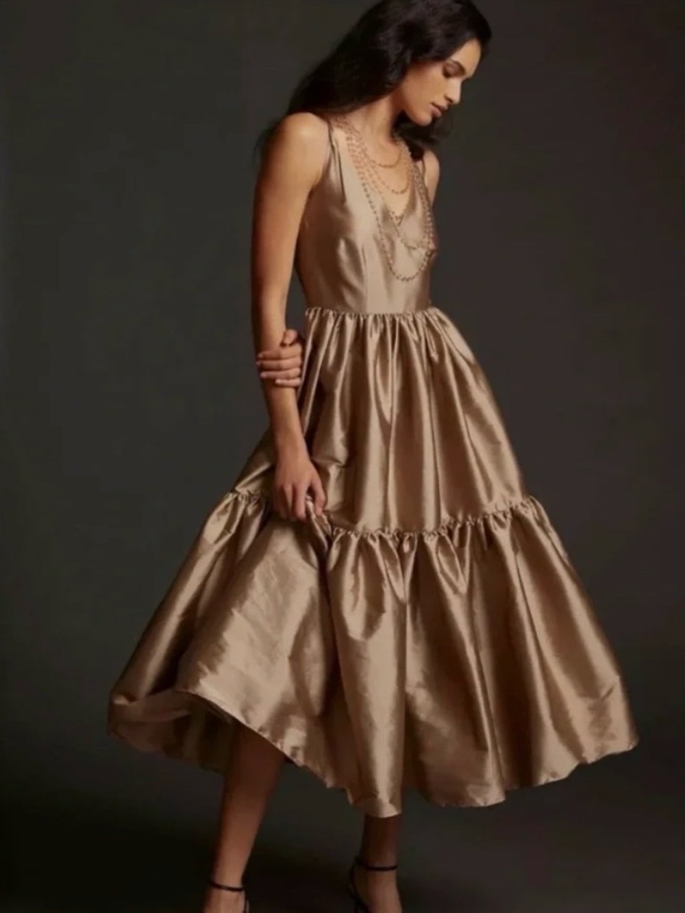 Anthropologie Bloni Taupe Tiered Satin Dress with Tie Straps